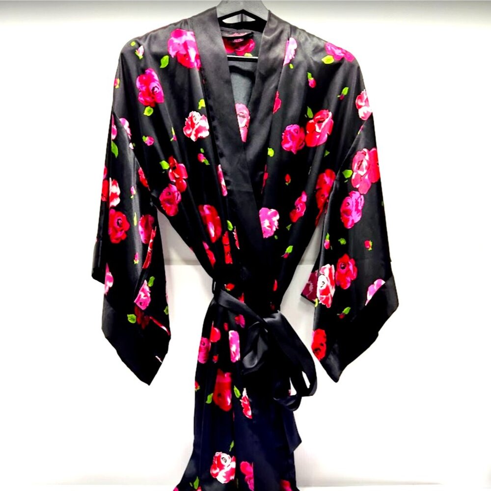Love La Senza Pink Black Kimono Robe L/XL Floral Satin Wrap Around Lounge wear